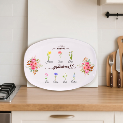 Oval Plate with a floral motif "First Mom, now Grandma"