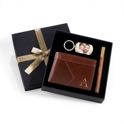 Personalized Leather Gift Set Bifold Wallet and Keychain Father's day Gift