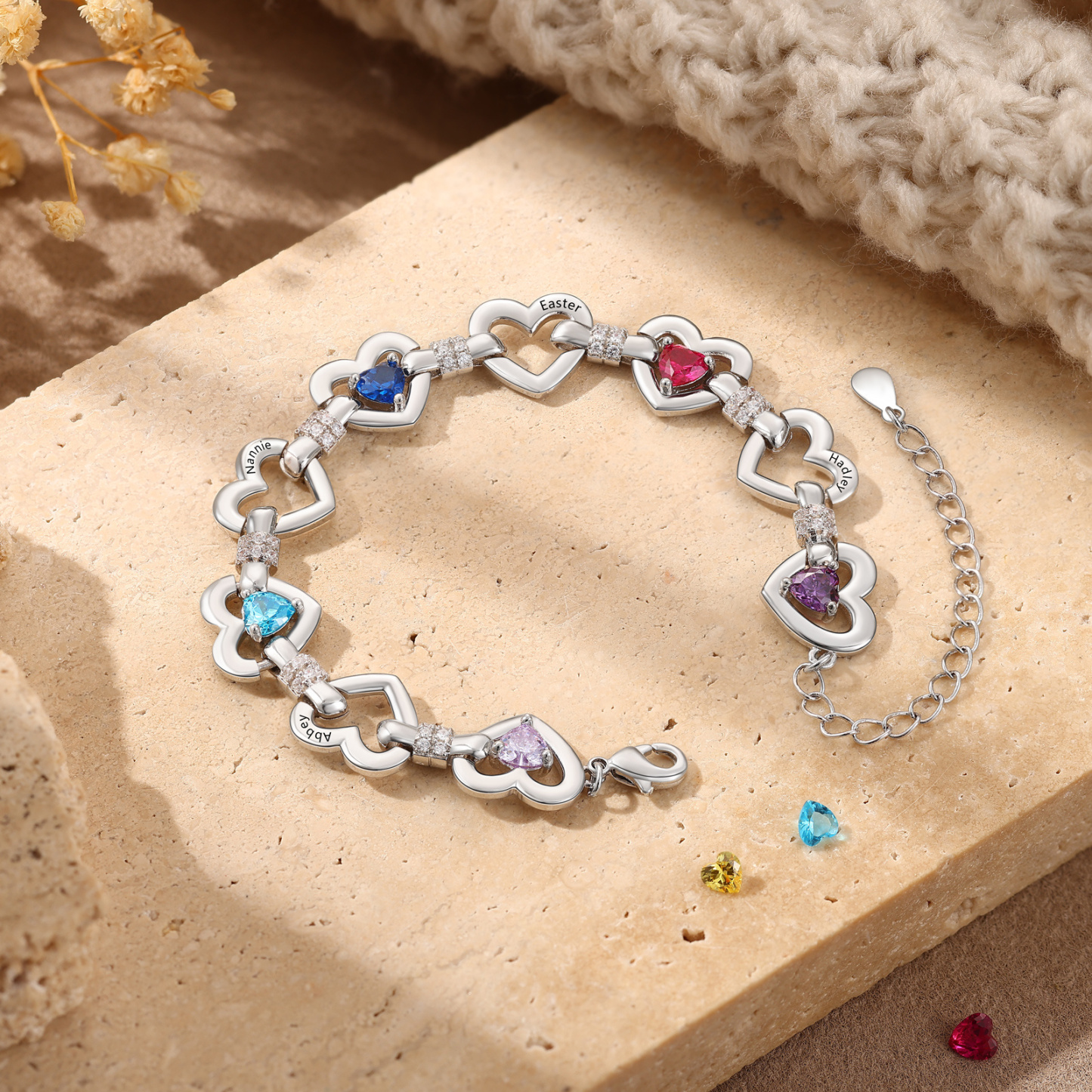Personalized Linked Hearts Birthstone Bracelet with 1–4 Engraved Names