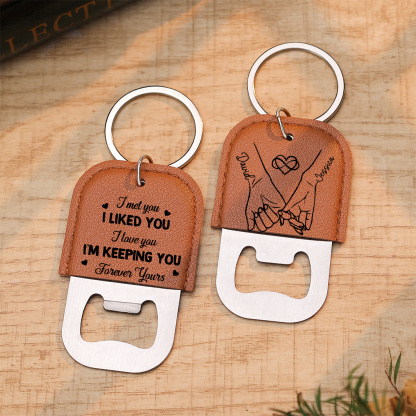 Personalized leather keychain with bottle opener for couples Custom with 2 names, a practical birthday gift for boyfriend, girlfriend, husband, wife | Jessemade