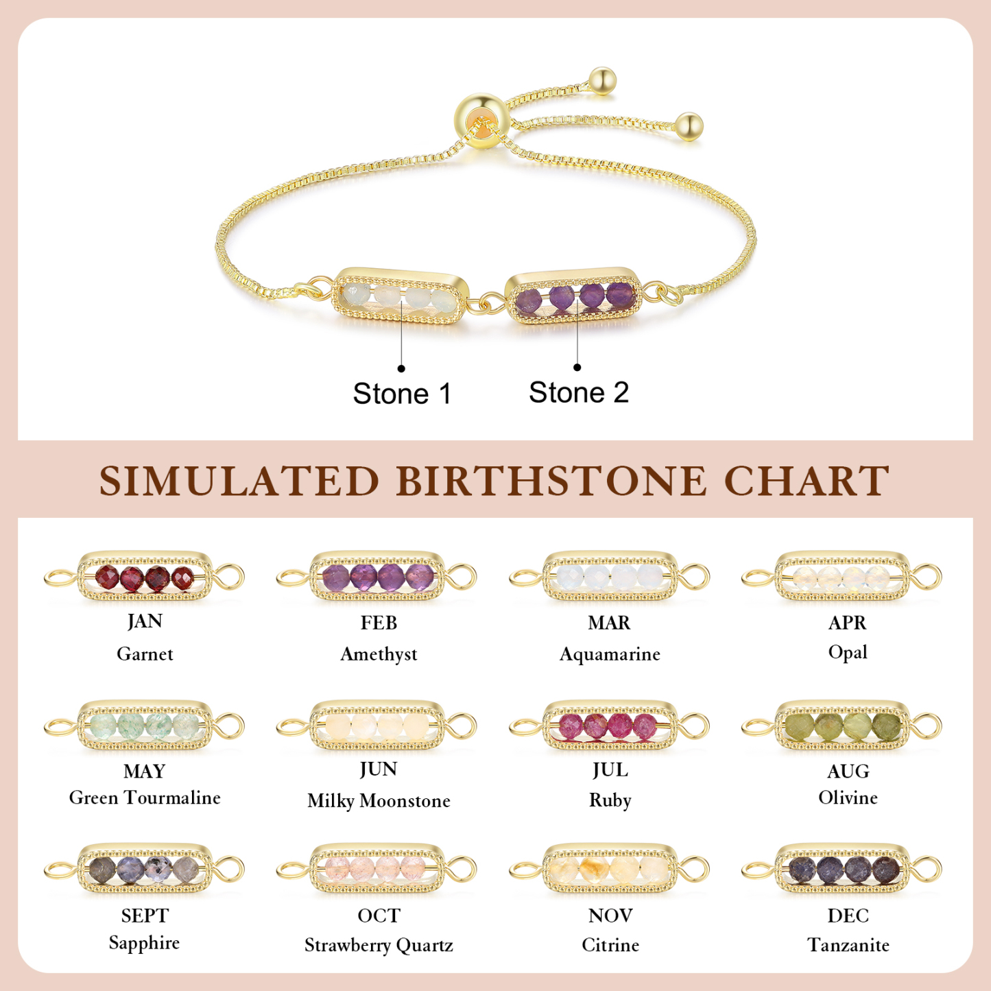Personalized Bar Bracelet With Birthstone Adjustable Minimalist Design for Women