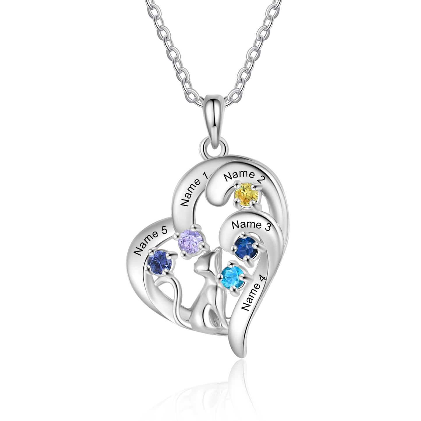 Personalized Cat Heart Necklace with 2–5 Birthstones and Names