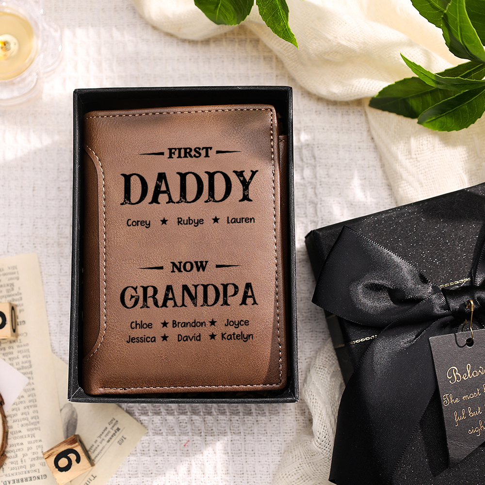 Personalized Men Trifold Leather Wallet First Dad Now Grandpa Custom with 2-14 Names