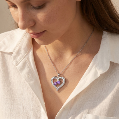 Personalized Double Heart Birthstone Necklace Customized with 1-5 Names