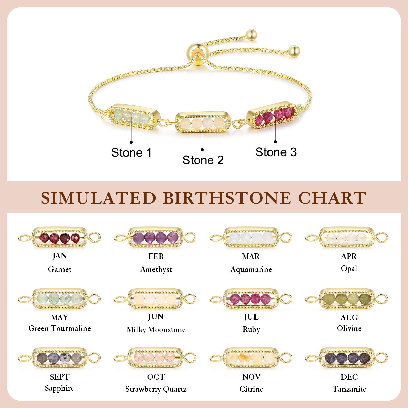Personalized Bar Bracelet With Birthstone Adjustable Minimalist Design for Women