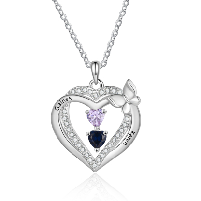 Personalized 1-3 Names Butterfly Heart Birthstone Necklace