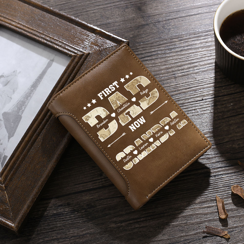 Personalized Leather Wallet With Map Design For Dad And Grandpa Customizable With 2–10 Names