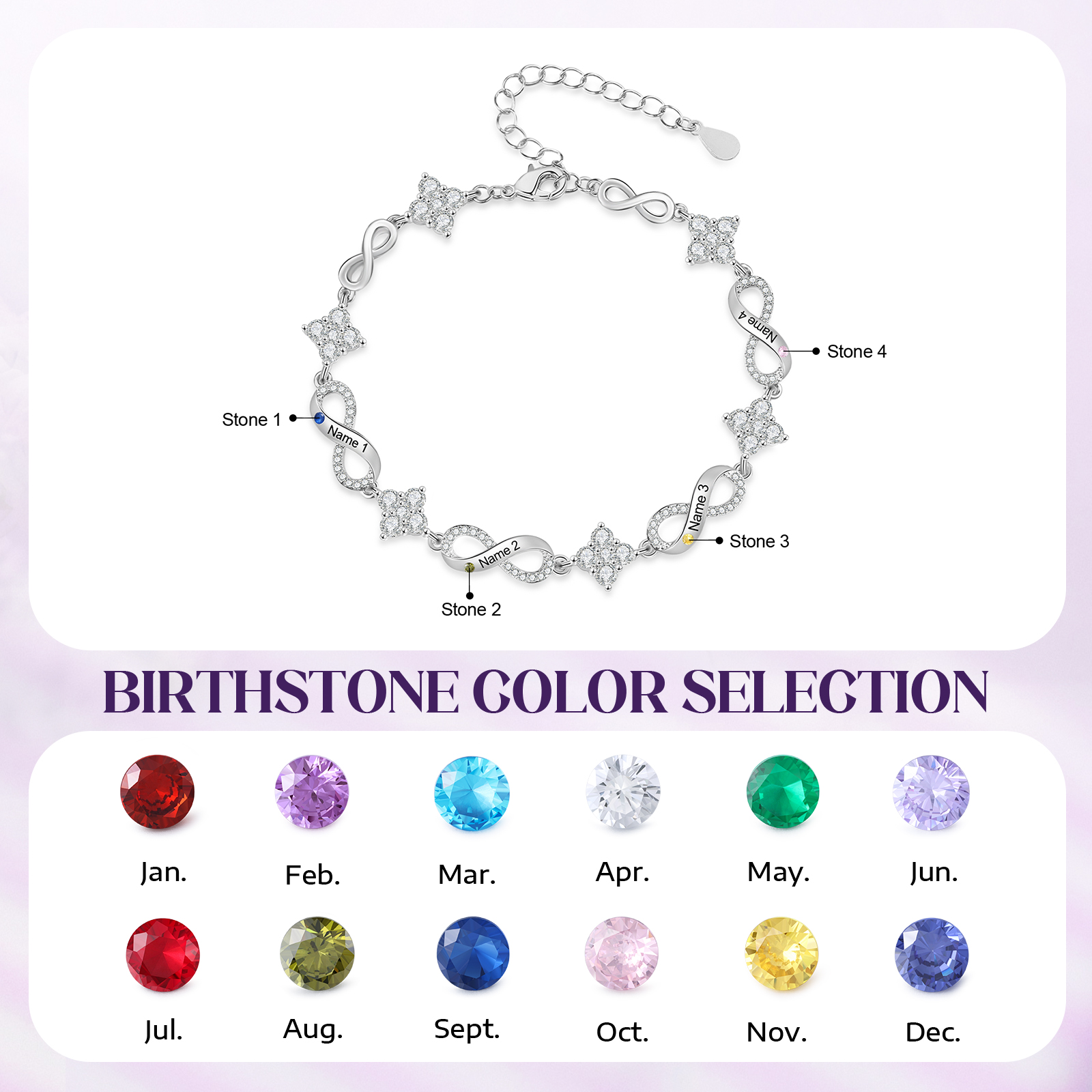Personalized Infinity Birthstone Bracelet with 1–5 Family Names