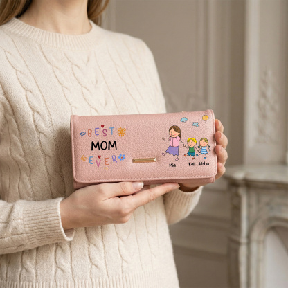 Personalized Leather Wallet Best Mom Ever Family Custom With 1-8 Names and Kids