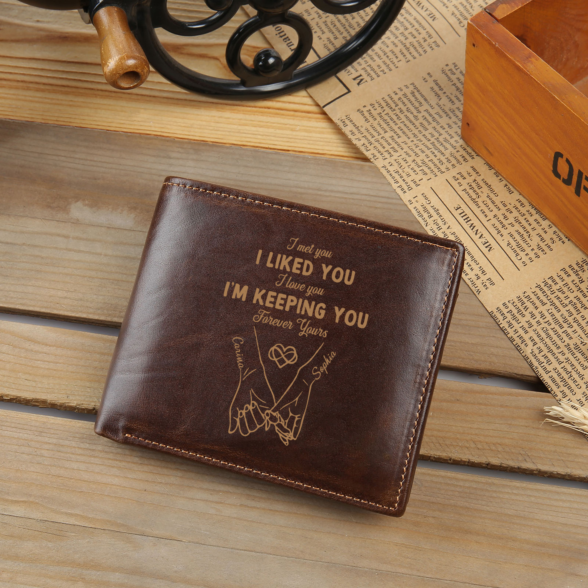 Personalized Engraved Photo Genuine Leather Wallet for Men Pinky Promise