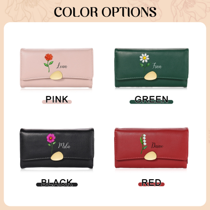 Personalized Long Women Leather Wallet Custom with Birth Flower and Name