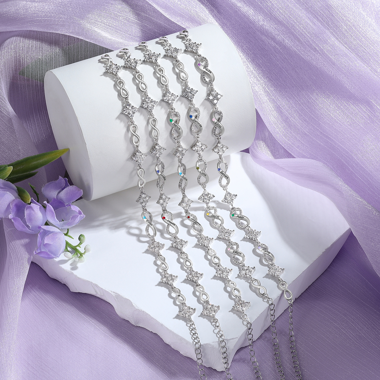 Personalized Infinity Birthstone Bracelet with 1–5 Family Names