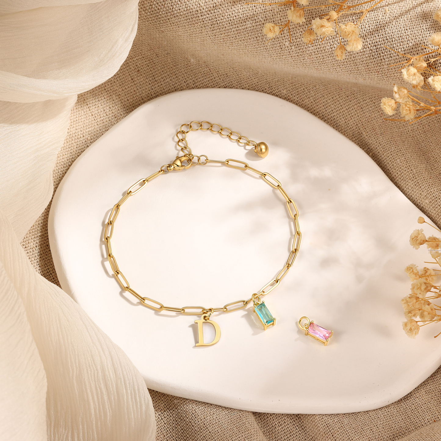 Personalized Initial Rectangle Birthstone Gold Anklet