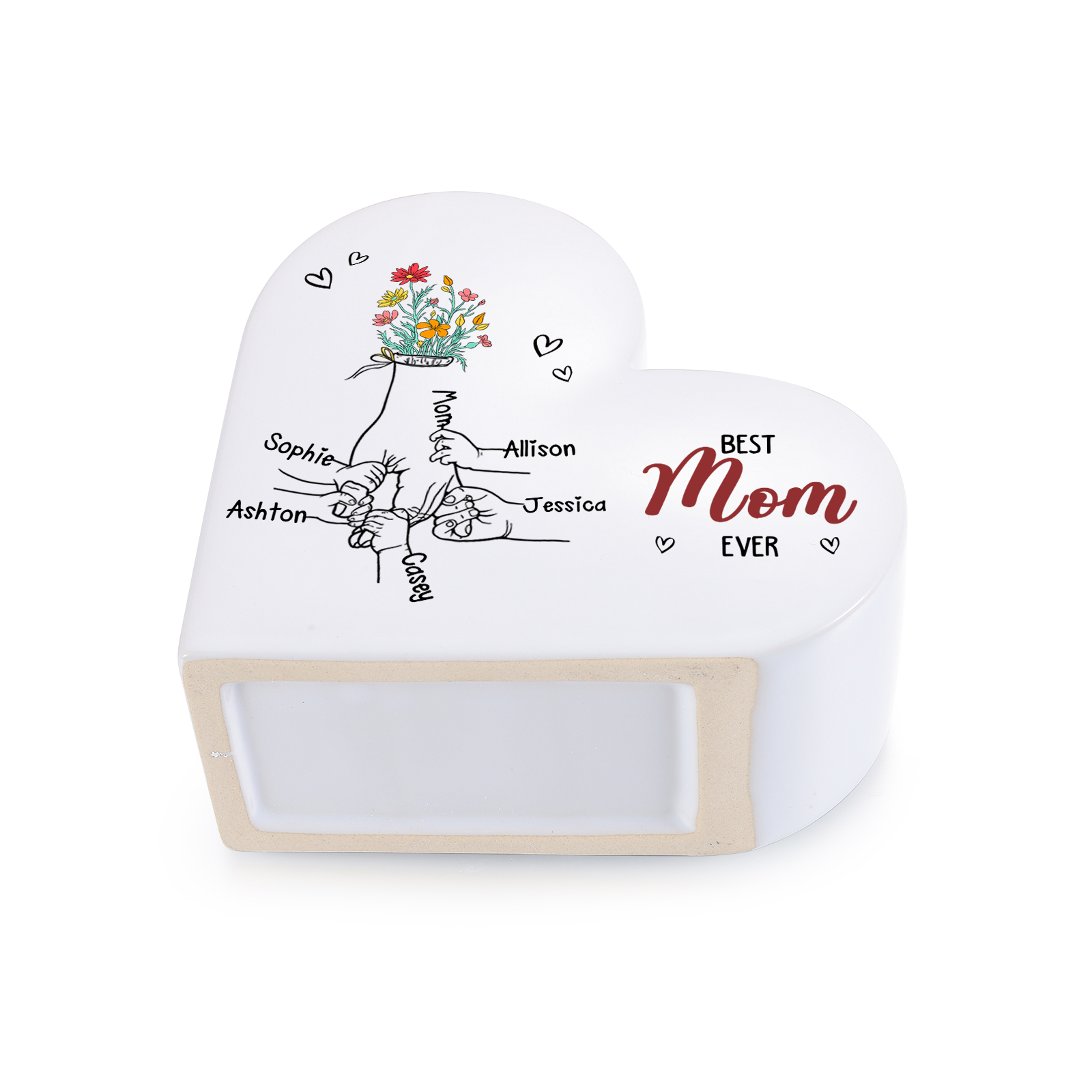 Personalized Heart Flower Vase “Best Mom/Grandma Ever” Custom 2–7 Names Ceramic Vase