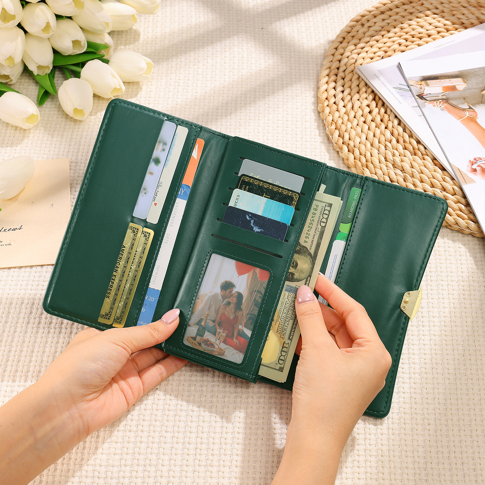 Personalized Long Women Leather Wallet Custom with Birth Flower and Name