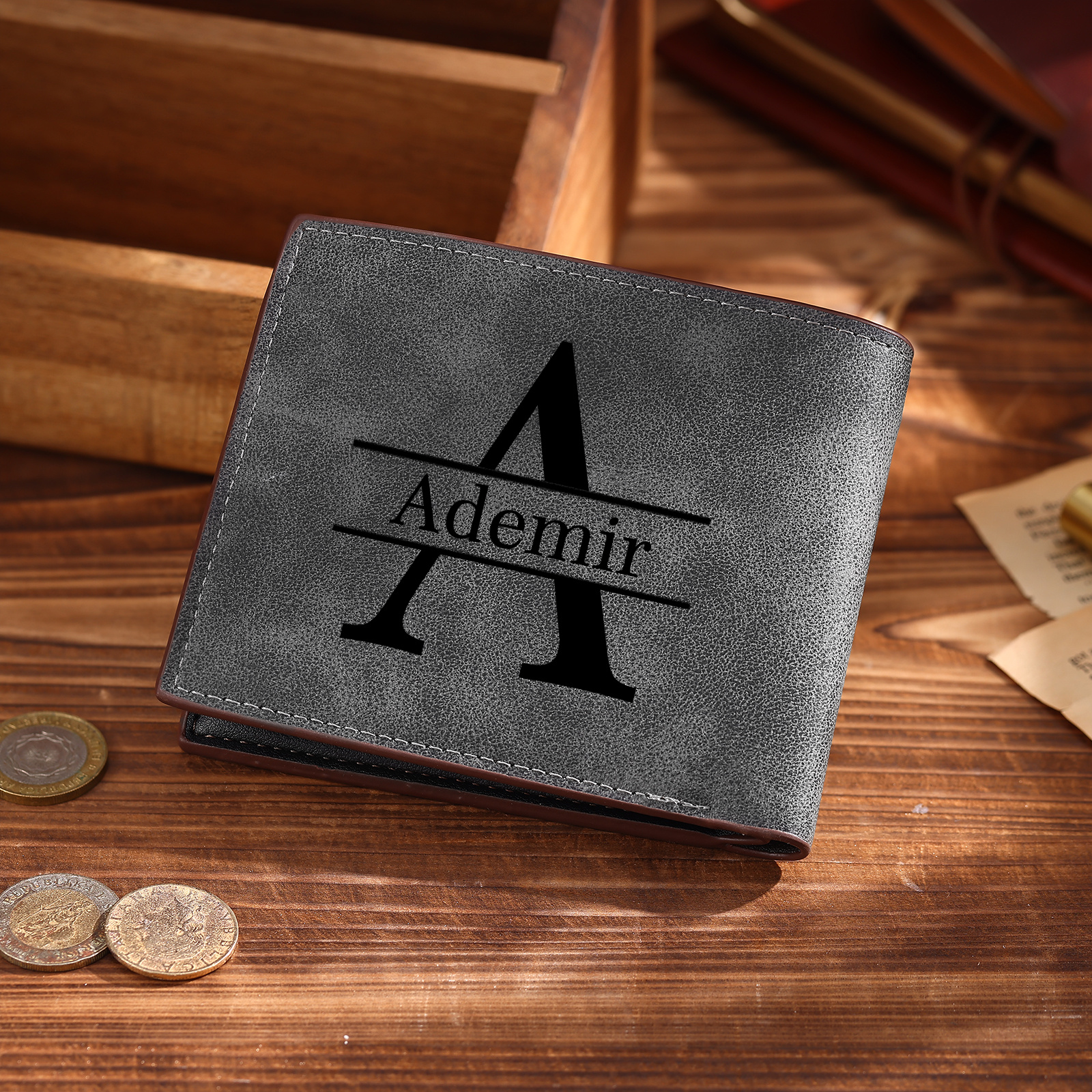 Personalized Men’s Leather Bifold Wallet with Engraved photo Custom Initials and Name