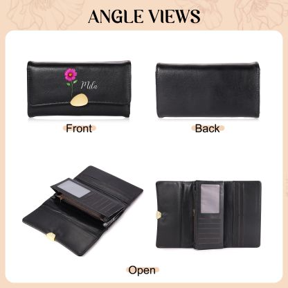 Personalized Long Women Leather Wallet Custom with Birth Flower and Name