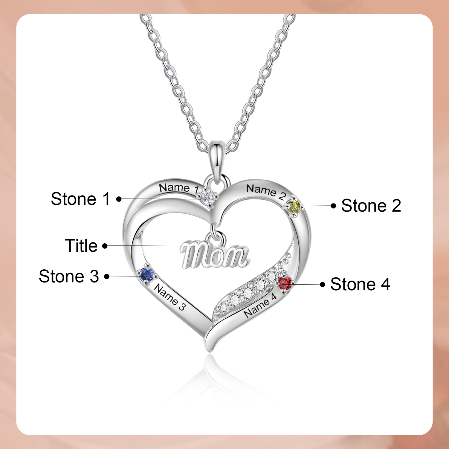 Personalized Mom Heart Necklace with 2–5 Kids Names and Birthstones