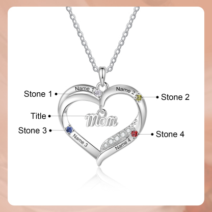 Personalized Mom Heart Necklace with 2–5 Kids Names and Birthstones