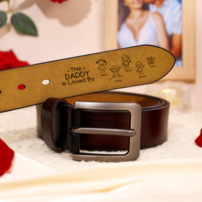 Personalized Leather Men Leather Belt For Dad Grandpa Customized With 1–10 Names And Child Figures