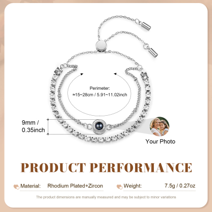 Personalized Photo Projection Bracelet with Double Rhinestone Row Adjustable Women’s Bracelet