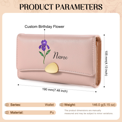 Personalized Long Women Leather Wallet Custom with Birth Flower and Name