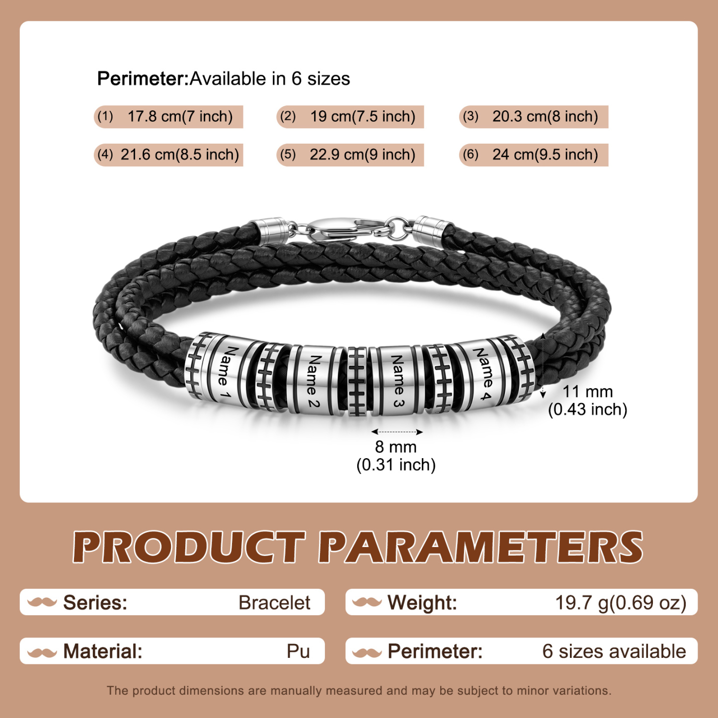 Personalized Men’s Braided Leather Bracelet Engraved Beads with 1 to 6 Names