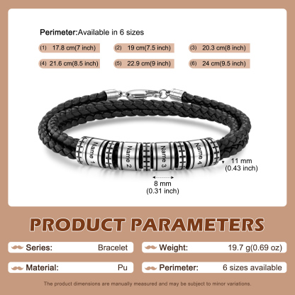Personalized Men’s Braided Leather Bracelet Engraved Beads with 1 to 6 Names