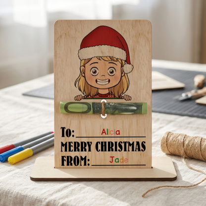Personalized Wooden Christmas Money Holder with 2 Names Cash Gift Card for Child