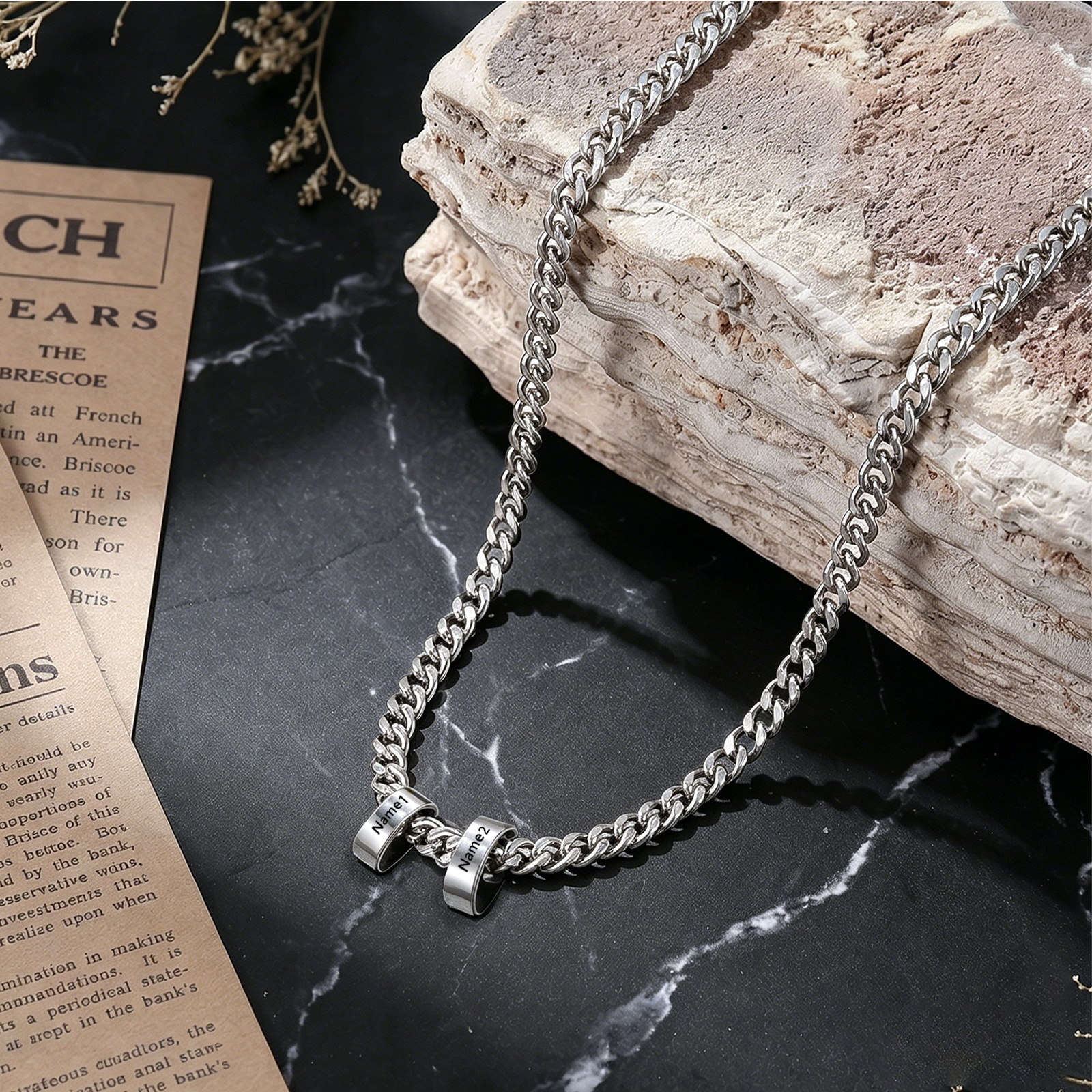 Personalized Stainless Steel Men’s Necklace Custom With 2-6 Name Beads For Men Dad Husband