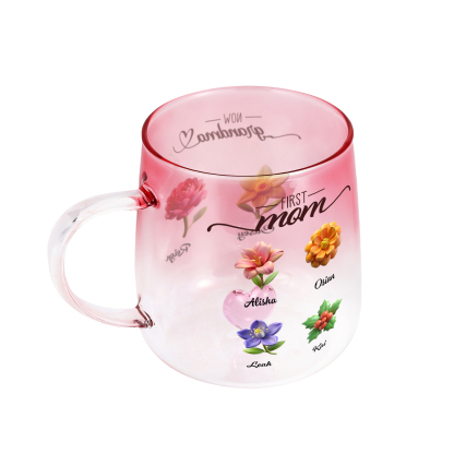 Personalized Birth Flowers Pink Gradient Glass Mug for Mom Grandma