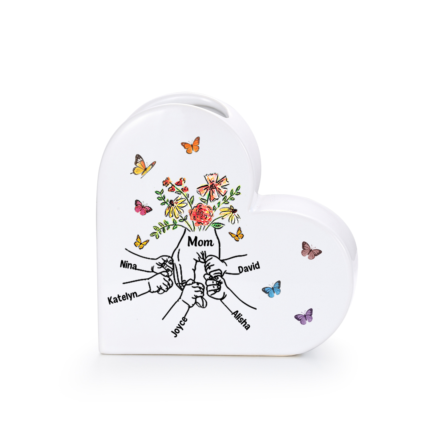 Personalized Ceramic Heart Vase Holding Hand Custom With 2–8 Names Gift For Mom Or Grandma