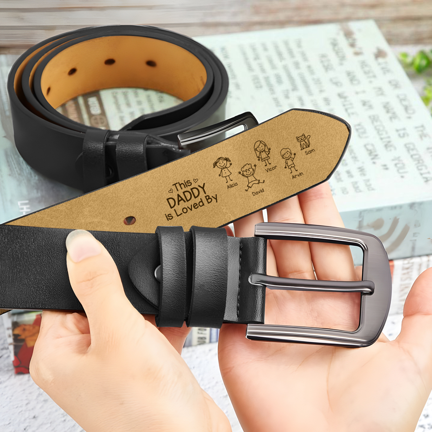 Personalized Leather Men Leather Belt For Dad Grandpa Customized With 1–10 Names And Child Figures