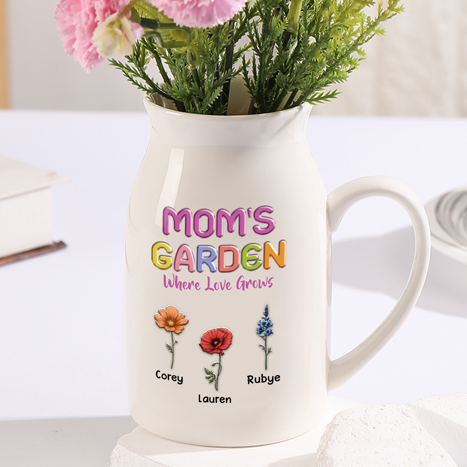 Personalized Ceramic Pitcher Vase Custom With 1-10 Names And Birth Flowers Gift For Mom Or Grandma
