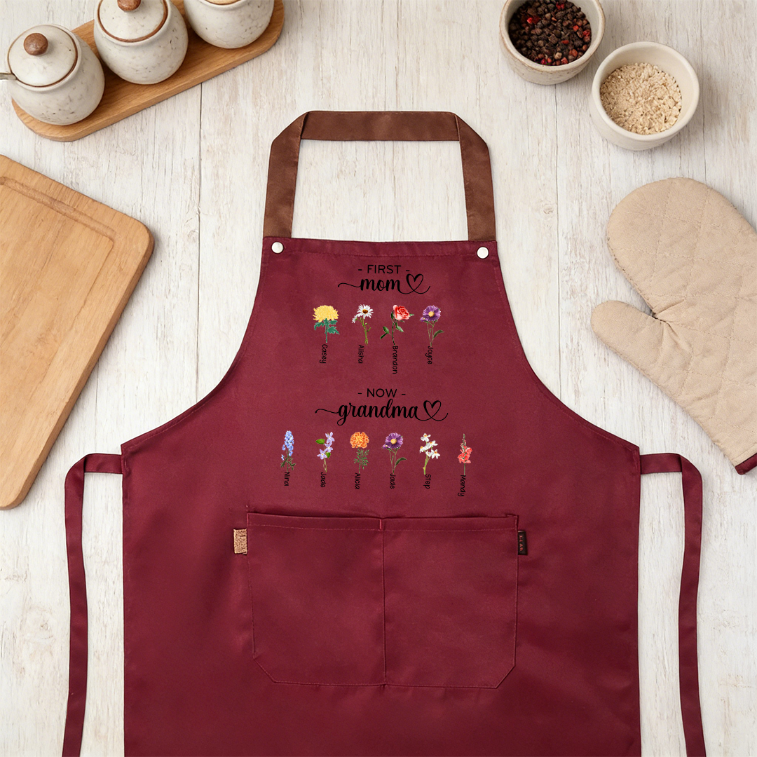 Personalized Apron “First Mom, Now Grandma” Custom with 2-16 Names and Birth Flowers