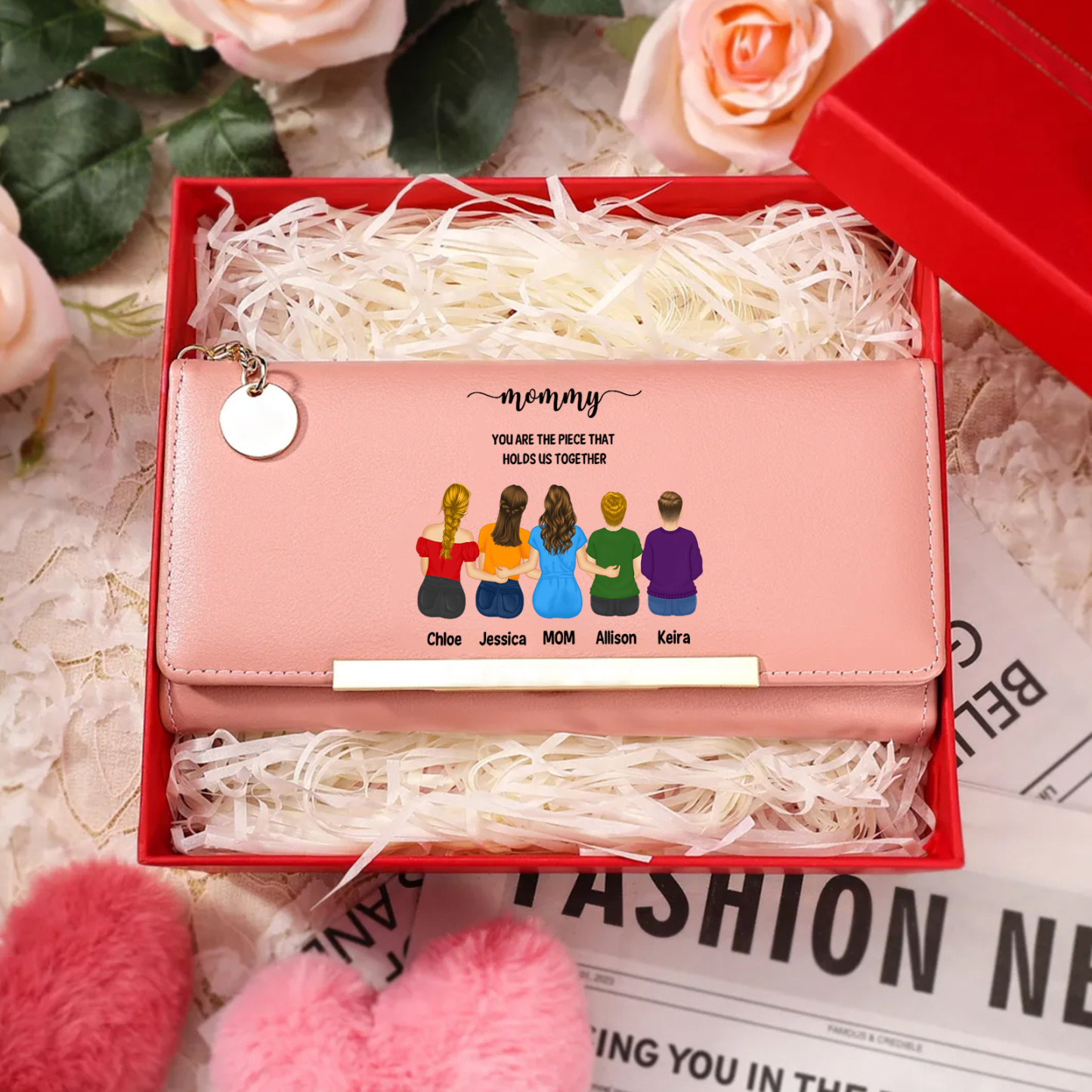 Personalized leather wallet for Mom Custom with 1–6 child figures and names