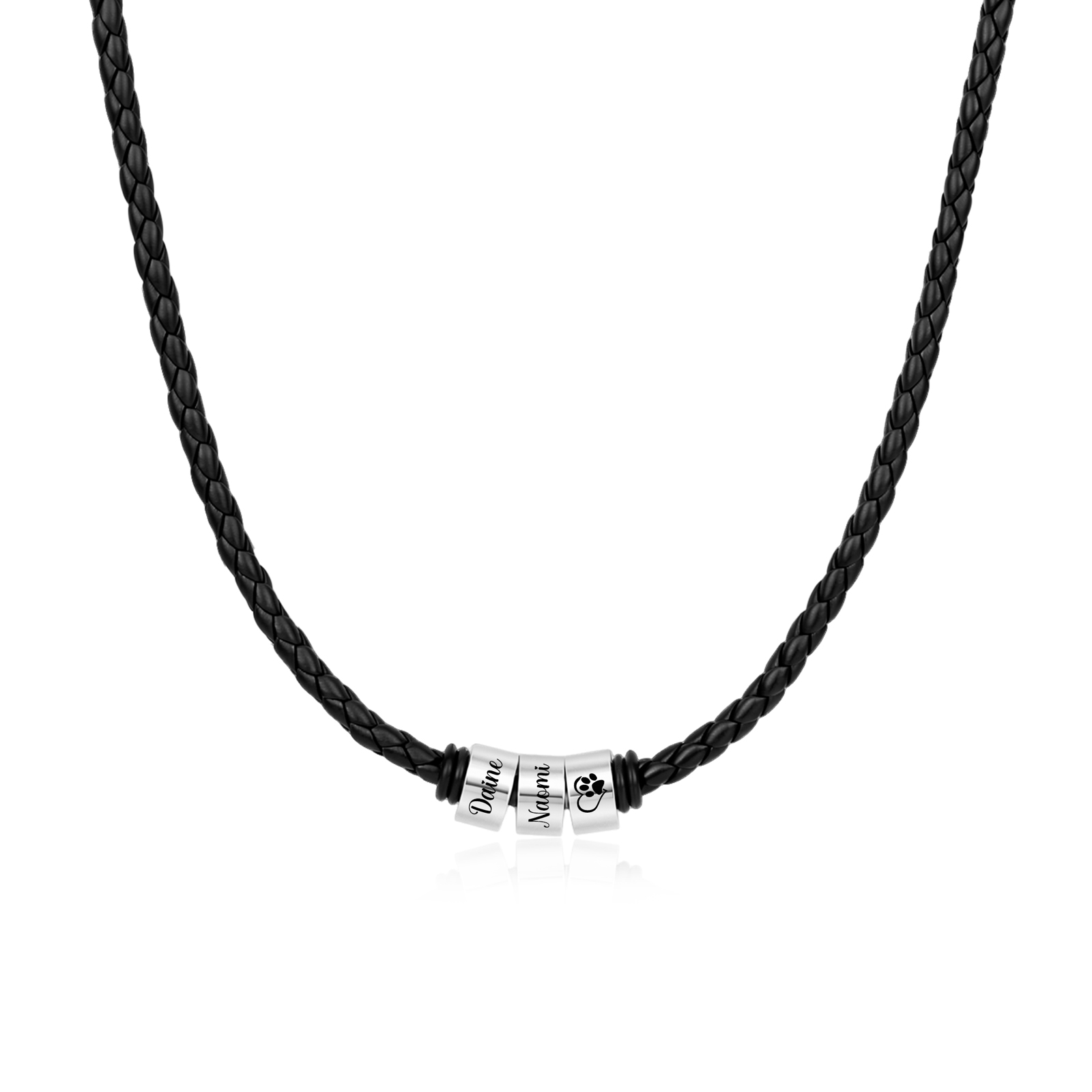 Personalized Braided Leather Necklace for Men Customized with 1–6 Names Beads