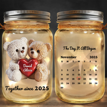 Customizable teddy bear light-up bottle with calendar and 2 names, gift for a couple's anniversary, Valentine's Day, or birthday | Jessemade.com