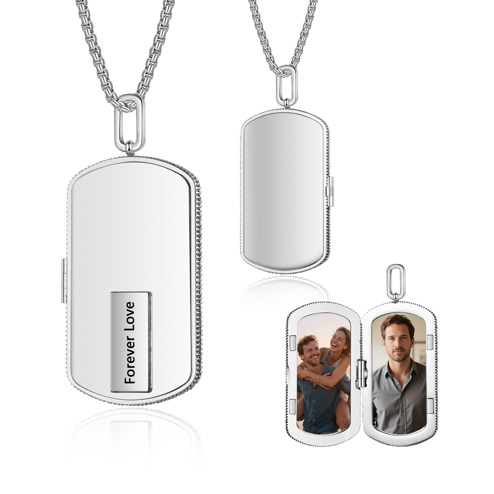 Personalized Dog Tag Locket Necklace for Men with Engraving and 2 Photos
