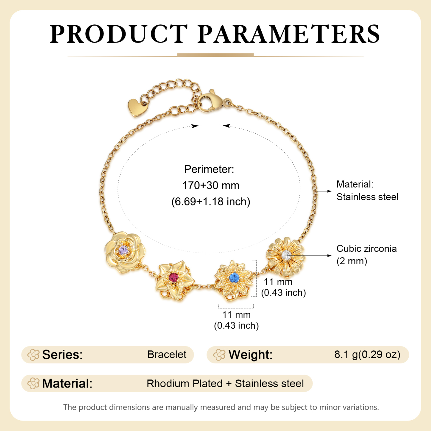 Personalised Women's Bracelet with 2-4 Birthstones and Birth Flowers, Rotating Bracelet for Women | Jessemade