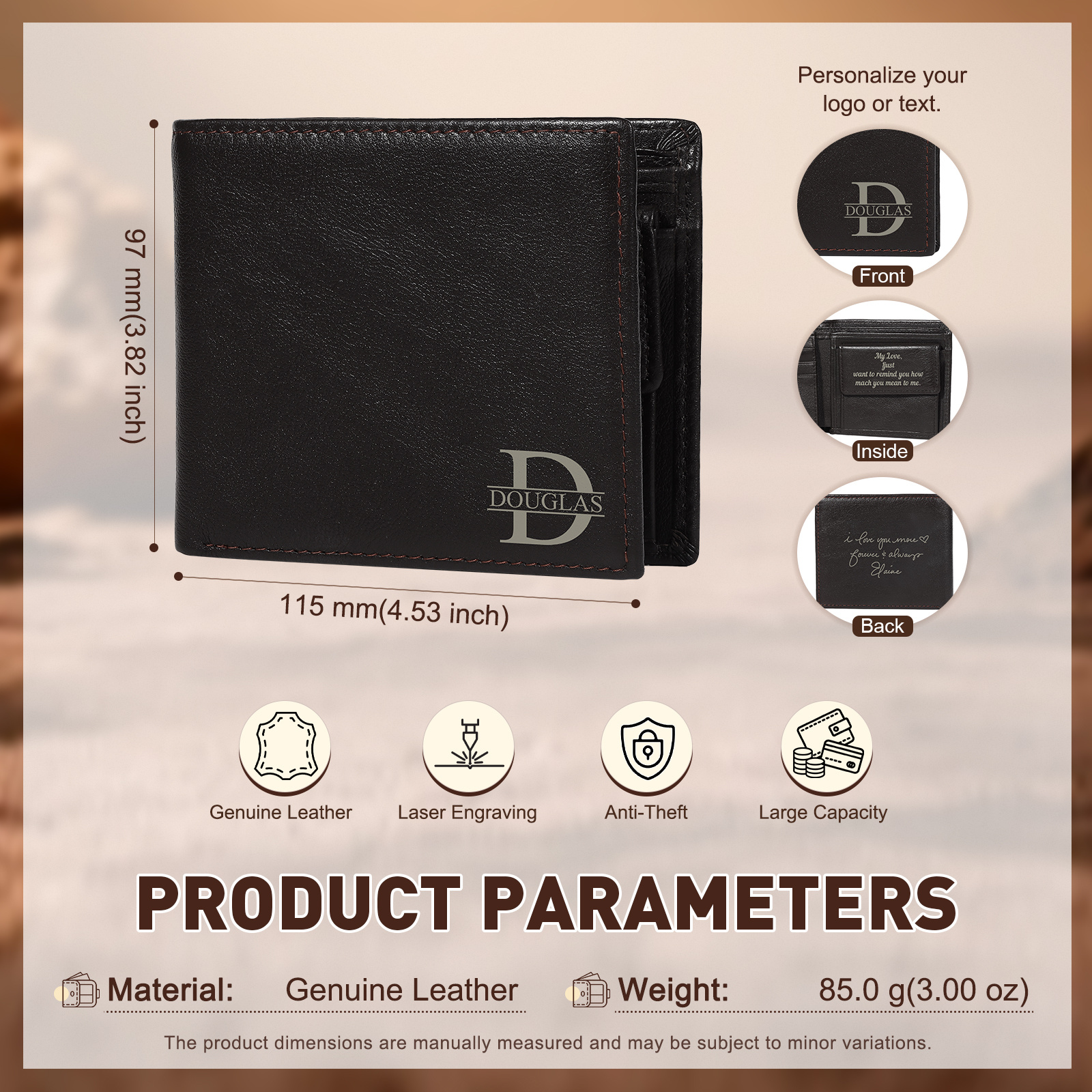 Personalized Leather RFID Bifold Wallet for Men with ID Window and Initial or Name Engraved