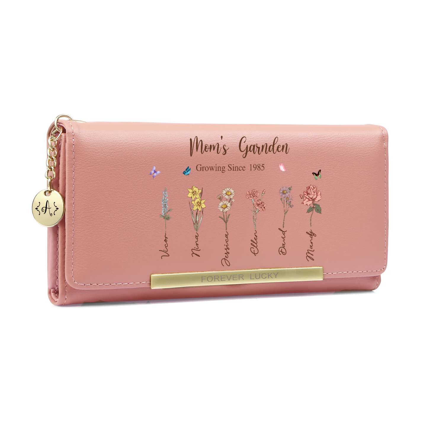 Personalized Women’s Leather Wallet Grandma’s Garden Custom with 1–8 Birth Flowers and Names