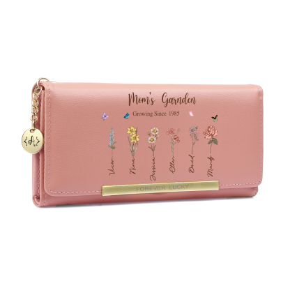 Personalized Women’s Leather Wallet Grandma’s Garden Custom with 1–8 Birth Flowers and Names