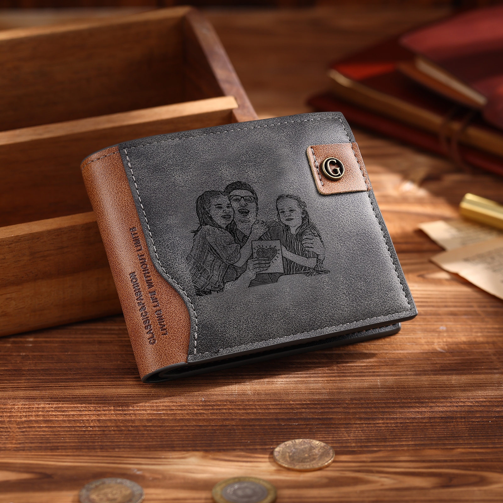 Personalized Men’s Leather Bifold Wallet with Engraved photo Custom Initials and Name
