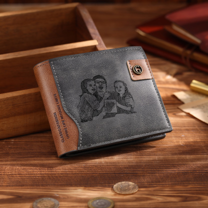 Personalized Men’s Leather Bifold Wallet with Engraved photo Custom Initials and Name