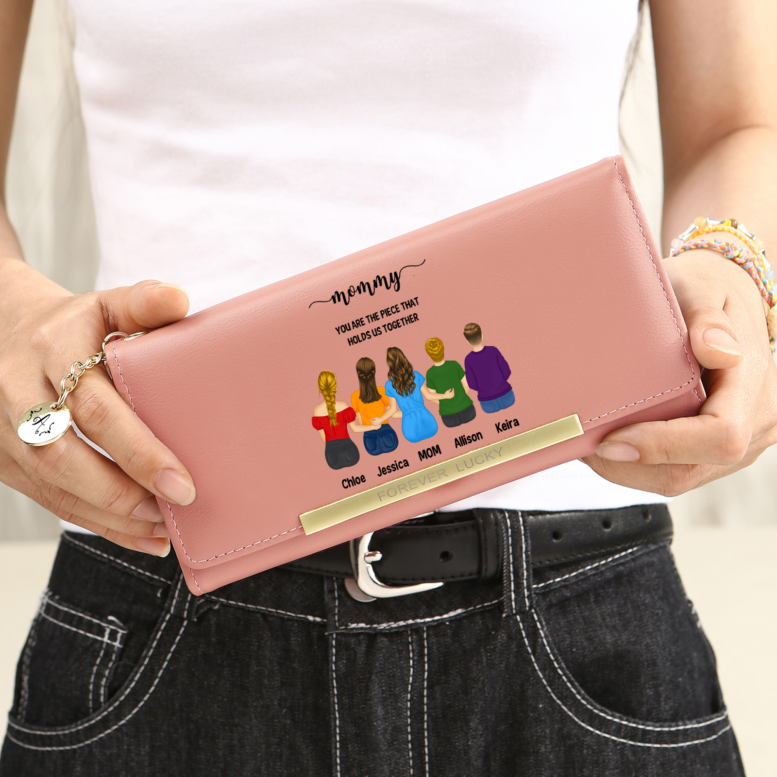 Personalized leather wallet for Mom Custom with 1–6 child figures and names