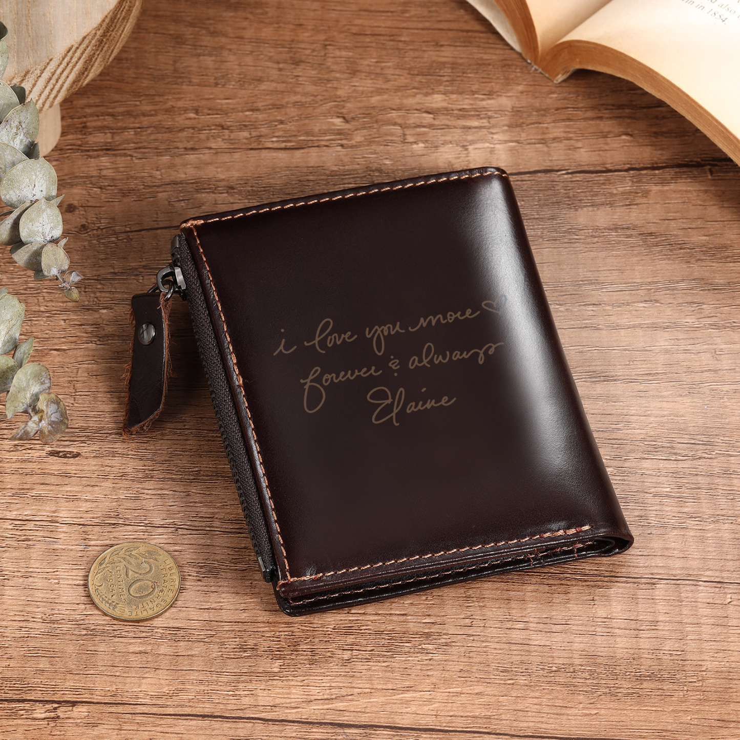 Personalized Leather RFID Bifold Wallet with Zipper for Men