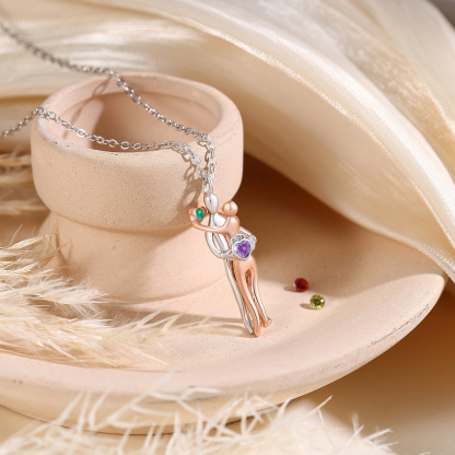 Couple Hug Birthstone Necklace, Two-Tone Heart Pendant for Women