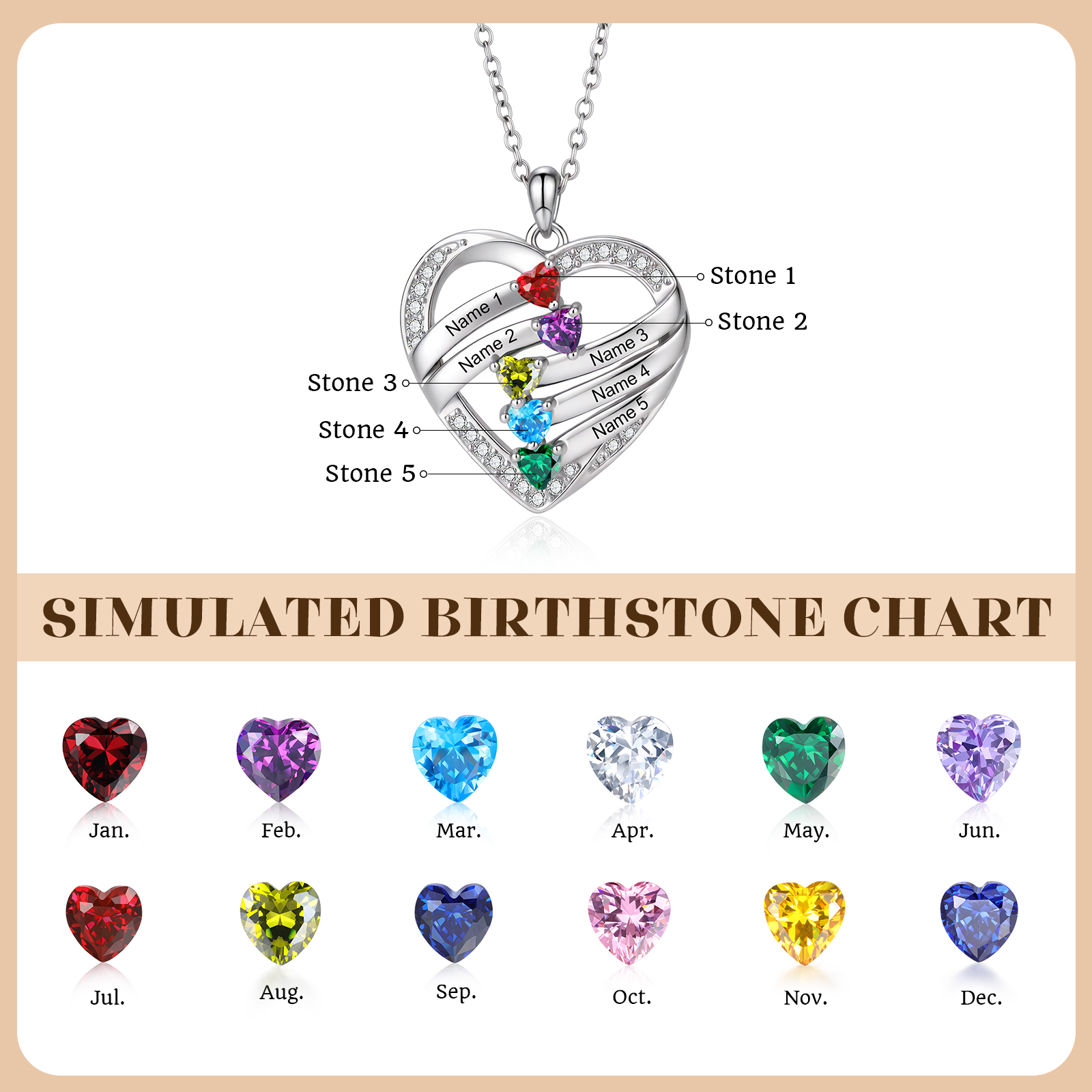 Personalized Heart Birthstones Necklace Custom With 3–5 Children’s Names