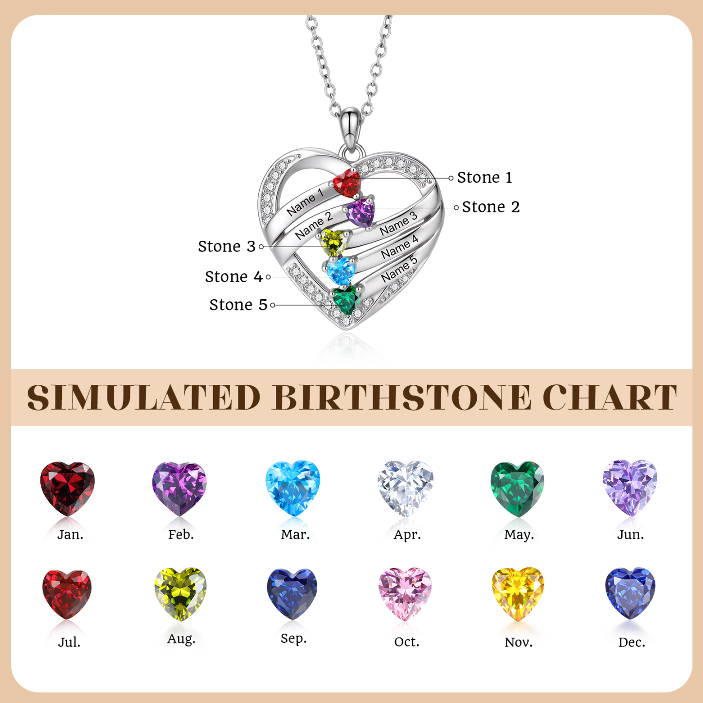 Personalized Heart Birthstones Necklace Custom With 3–5 Children’s Names
